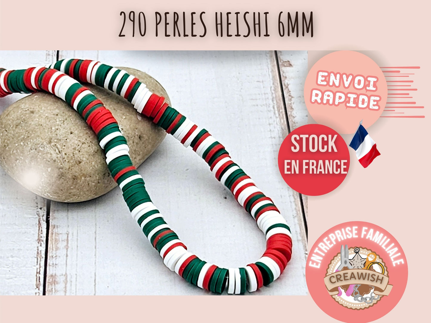 290 perles heishi blanches rouges vertes 6mm