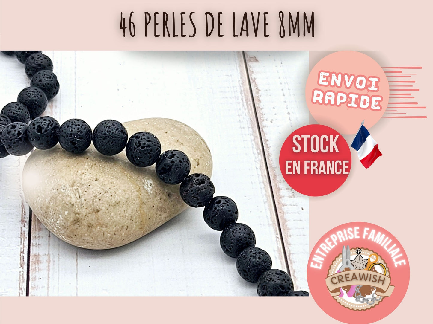 46 perles de lave rondes noires 8mm