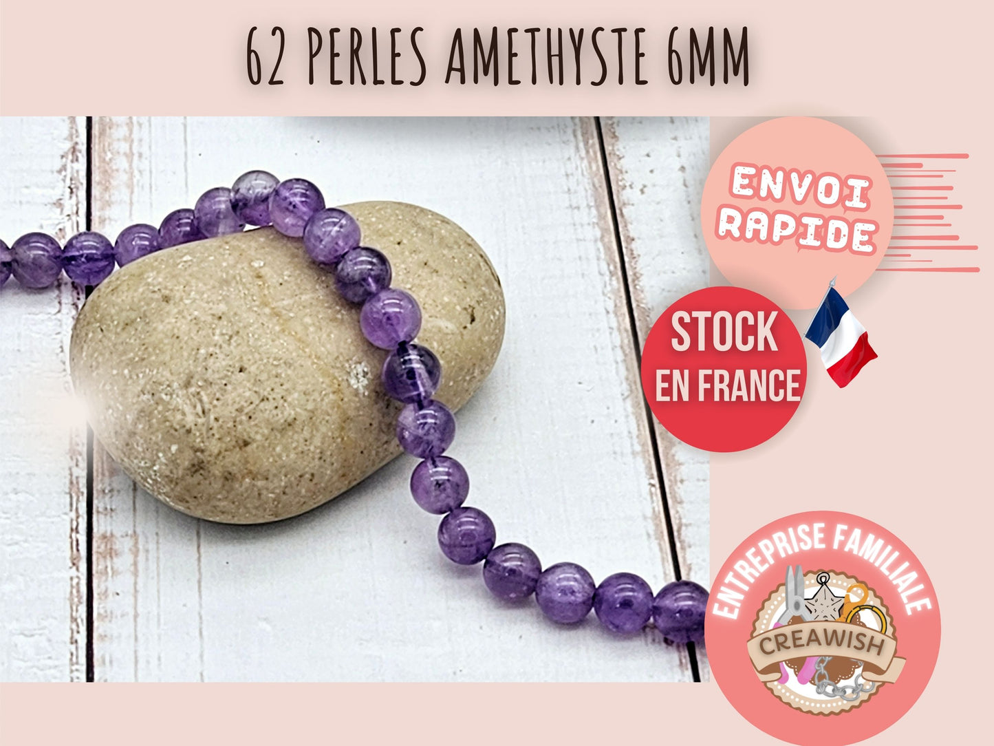 62 perles améthyste véritable rondes 6mm
