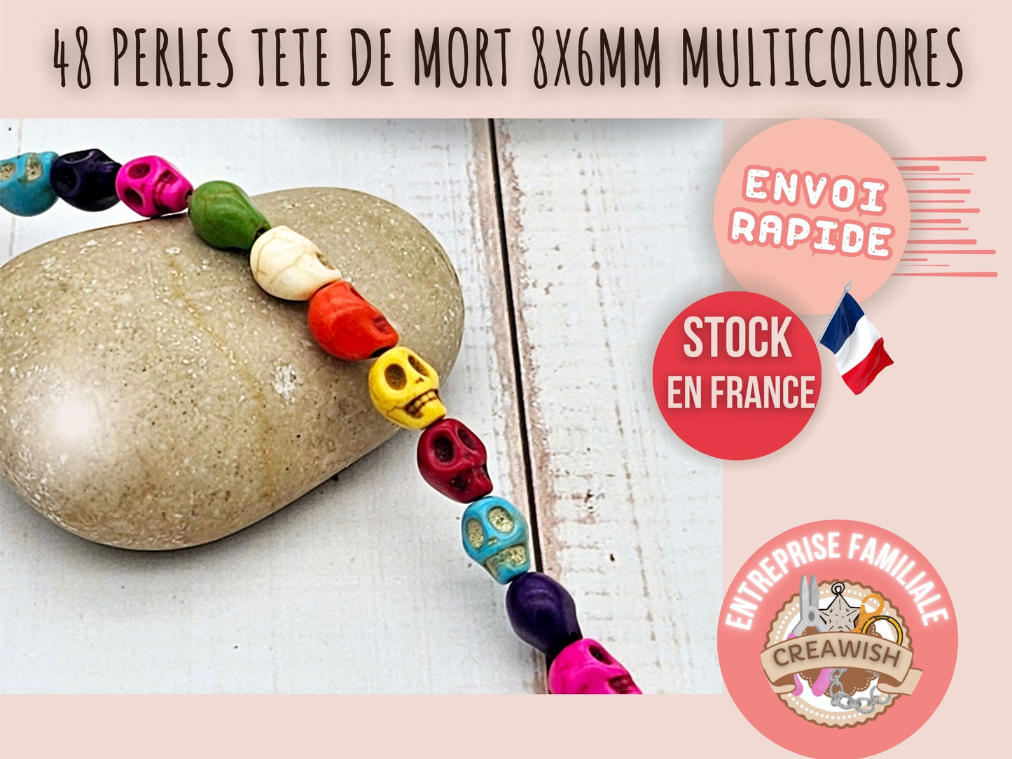48 perles tête de mort multicolores 8x6mm