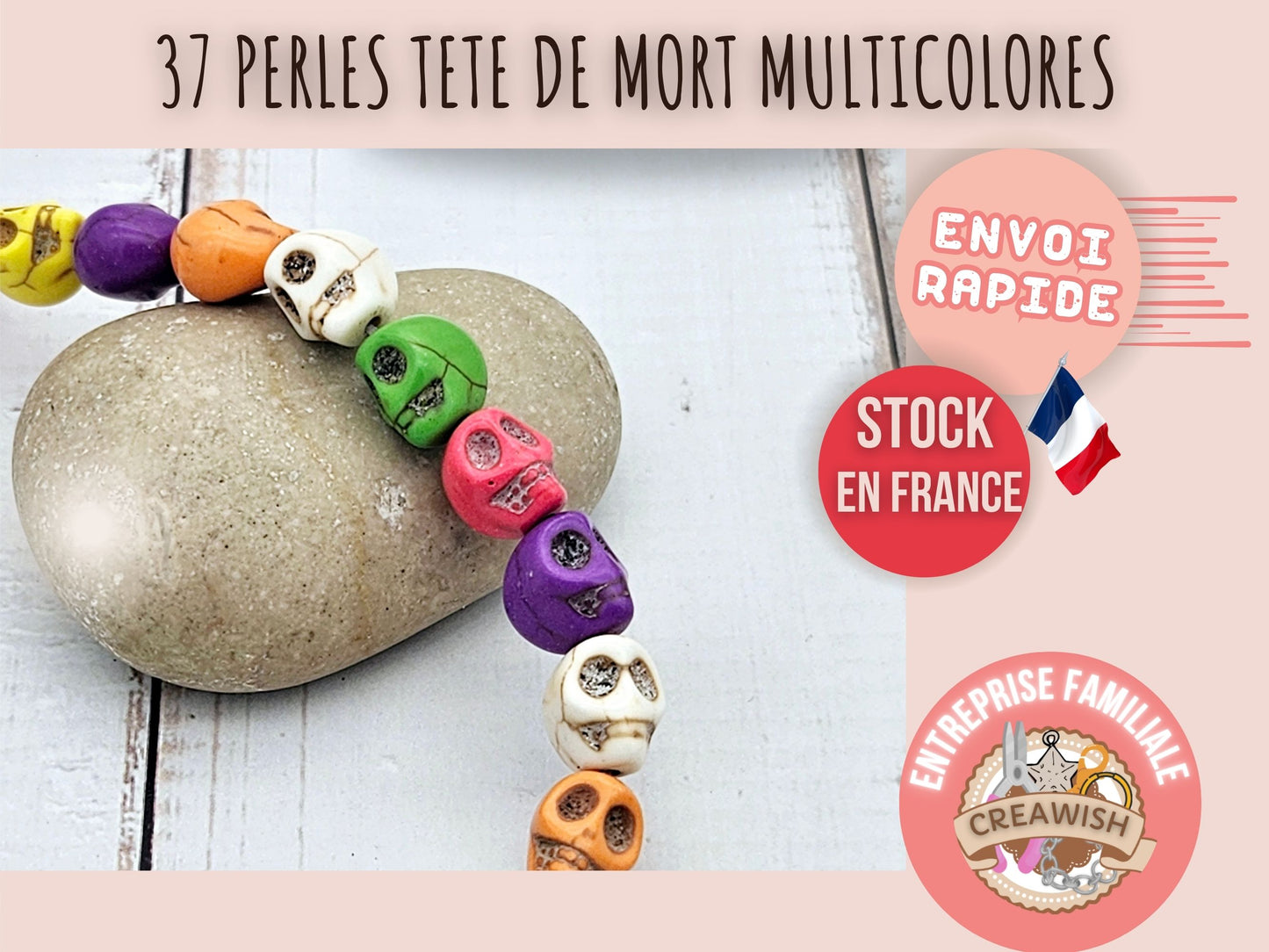 37 perles tête de mort multicolores 10x8mm