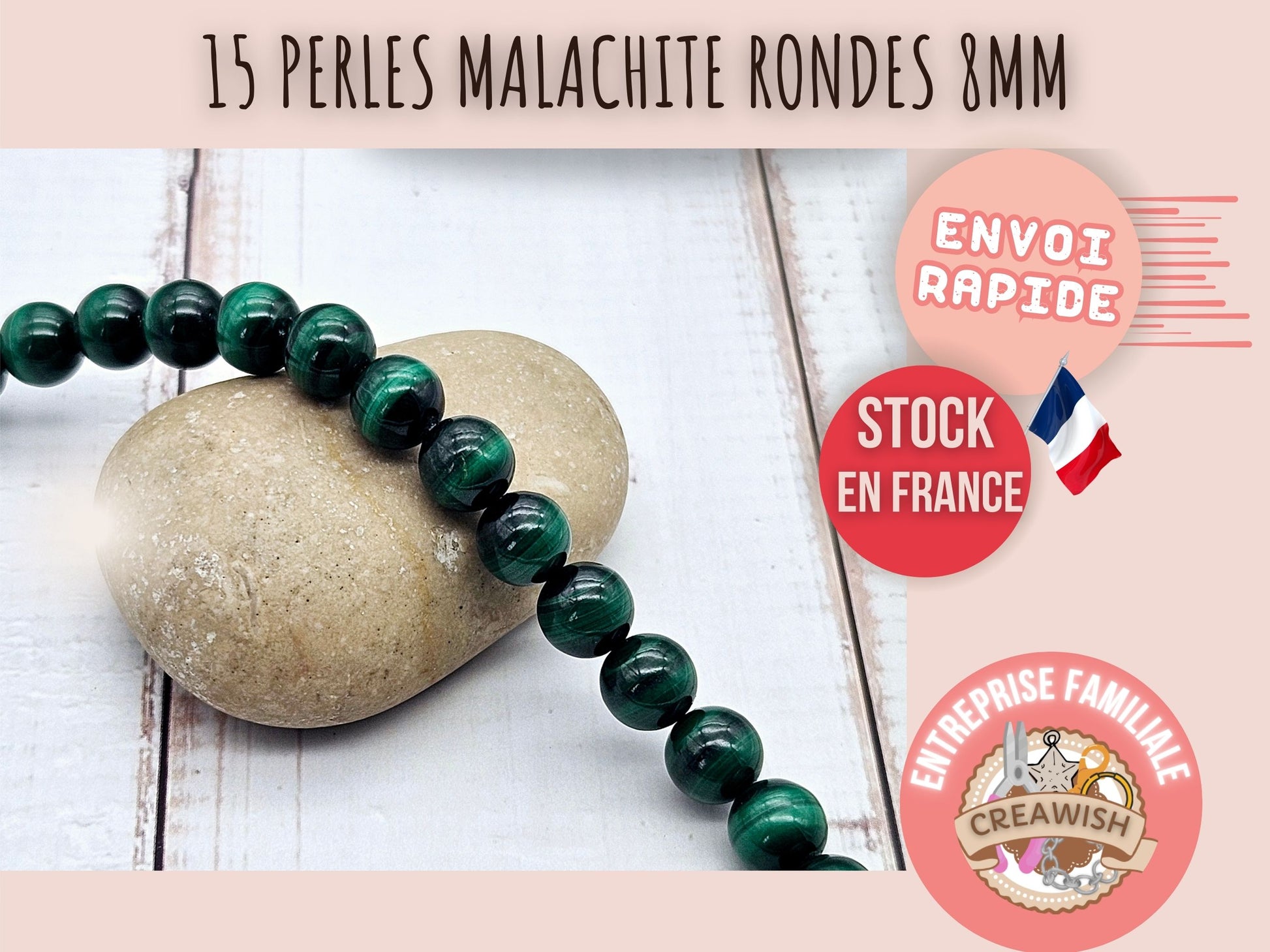 15 perles malachite rondes 8mm
