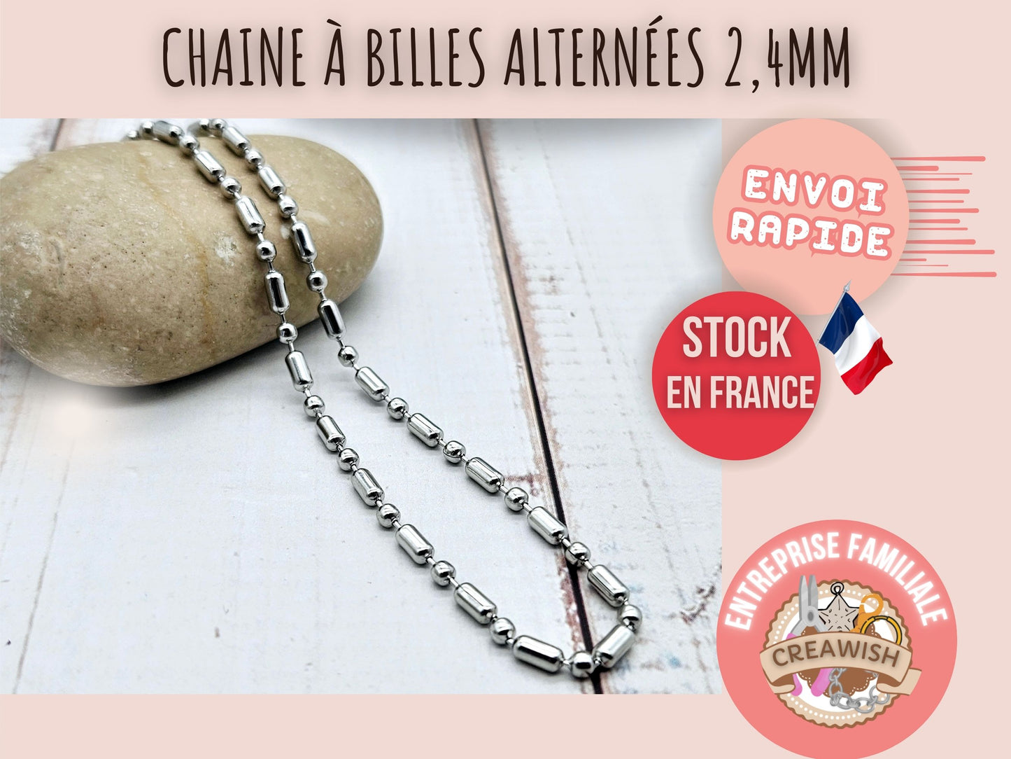 Chaîne à billes alternées 2,4mm acier inoxydable, 1 mètre
