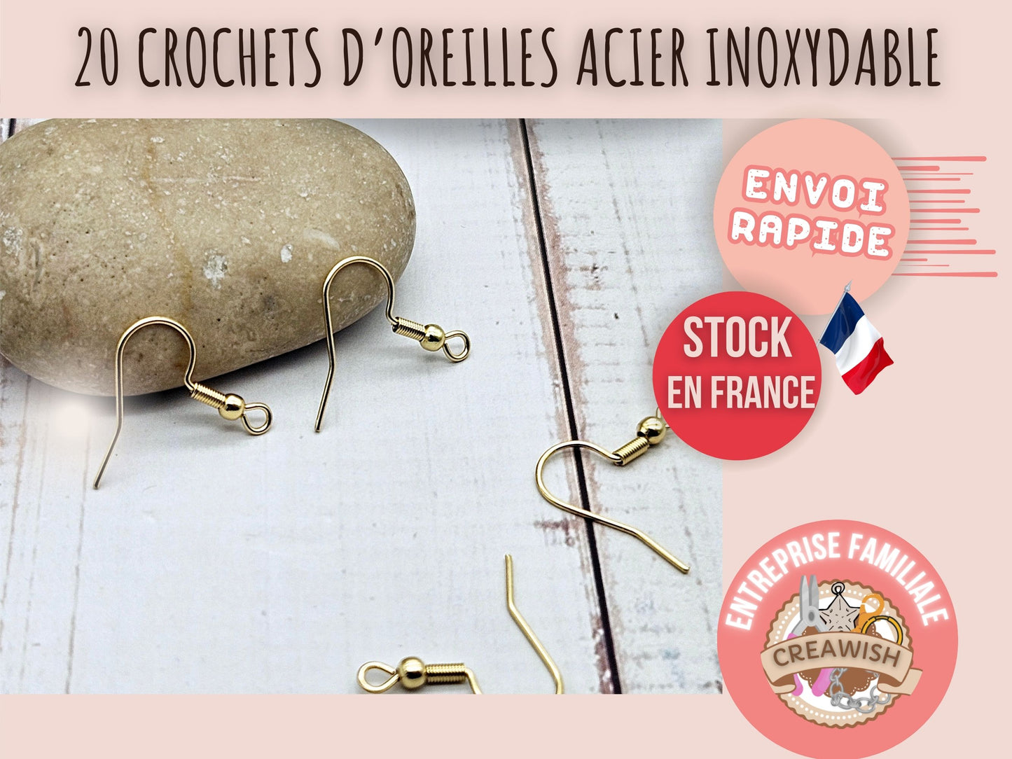 20 crochets d'oreilles acier inoxydable plaqué or