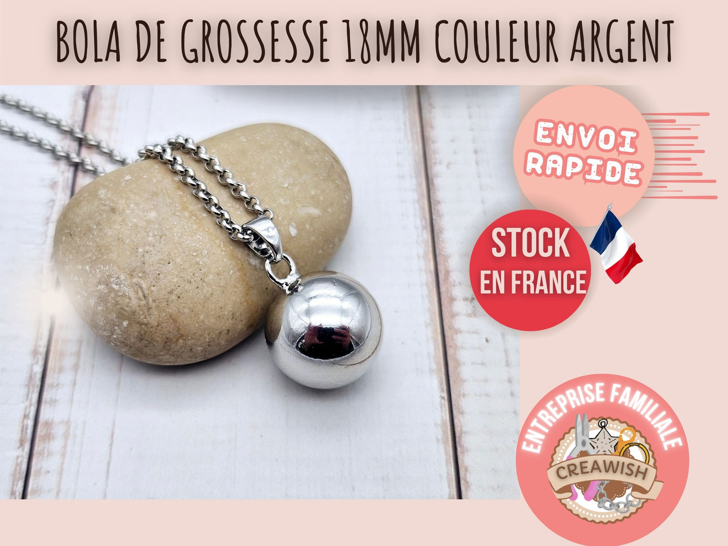 Bola de Grossesse Argenté – 18mm avec Chaîne et Bélière (80cm)