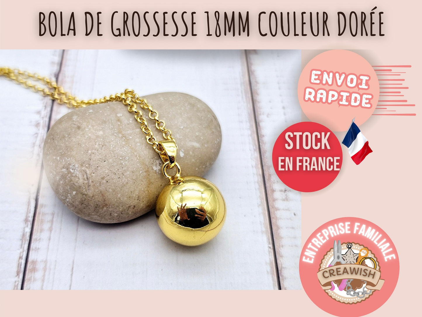 Bola de Grossesse Doré – 18mm avec Chaîne et Bélière (80cm)