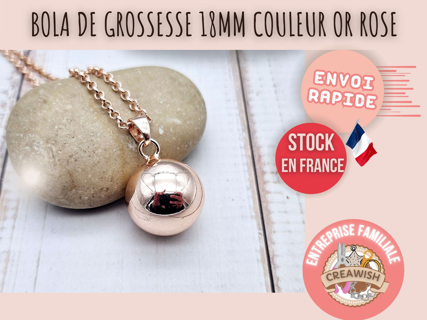 Bola de Grossesse Or Rose – 18mm avec Chaîne et Bélière (80cm)