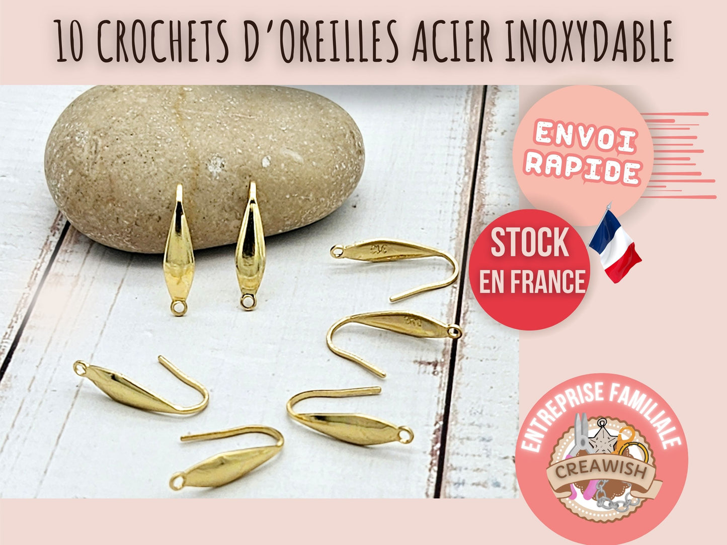 10 crochets d'oreilles allongés goutte acier inoxydable plaqué or 18 carats