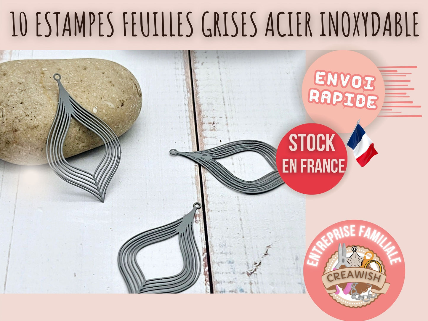 10 estampes feuilles grises acier inoxydable