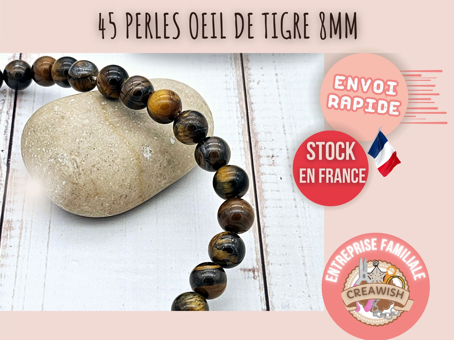 45 perles oeil de tigre 8mm