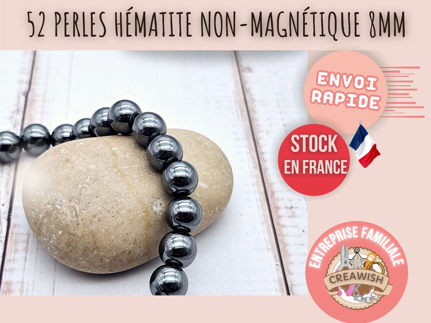 52 perles hématite non magnétique 8mm