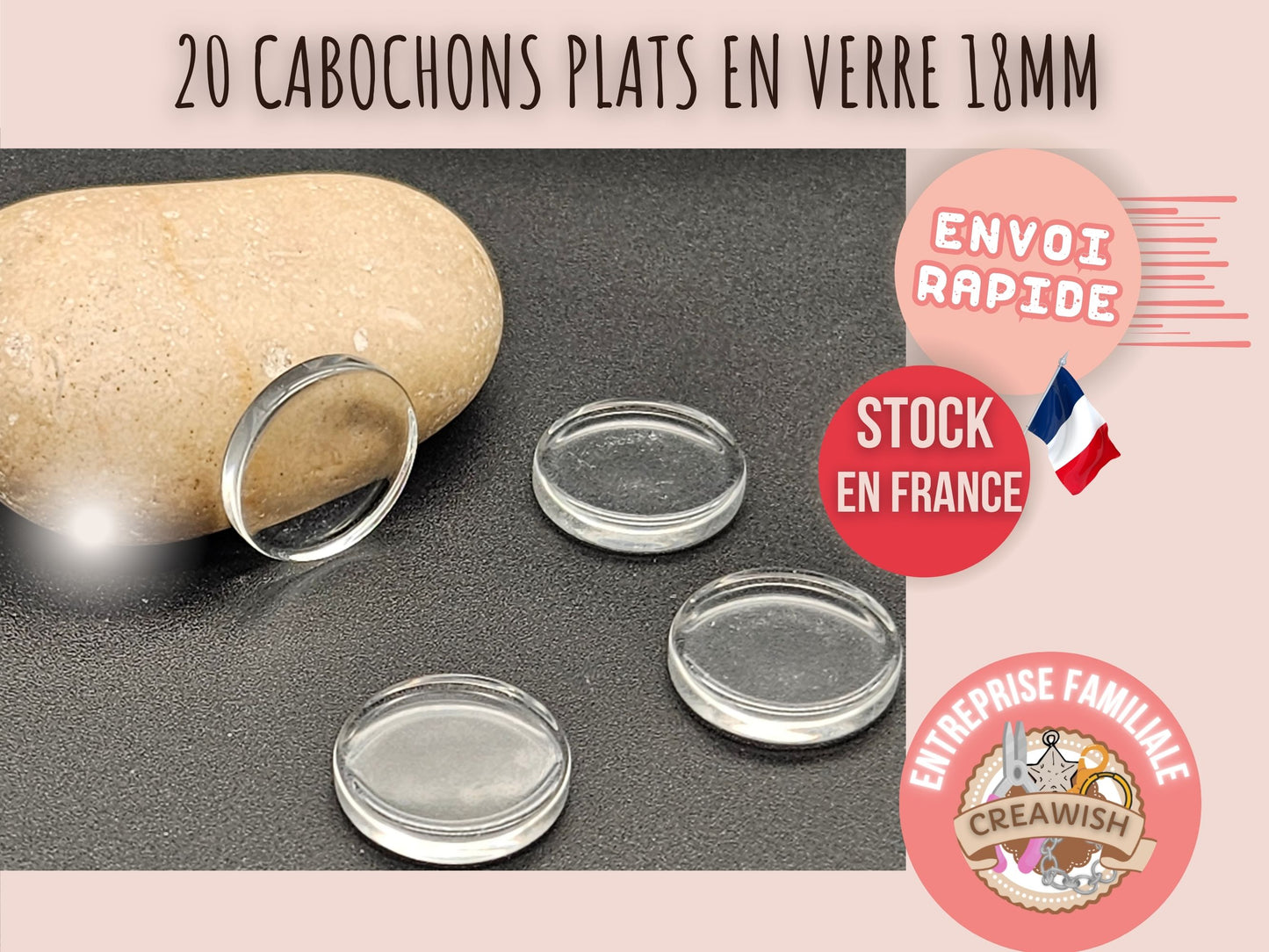 20 cabochons plats en verre 18mm