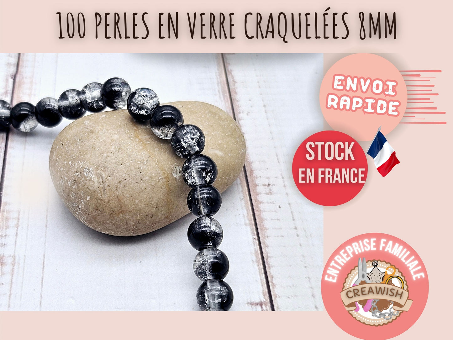 100 perles en verre craquelées noires et transparentes 8mm
