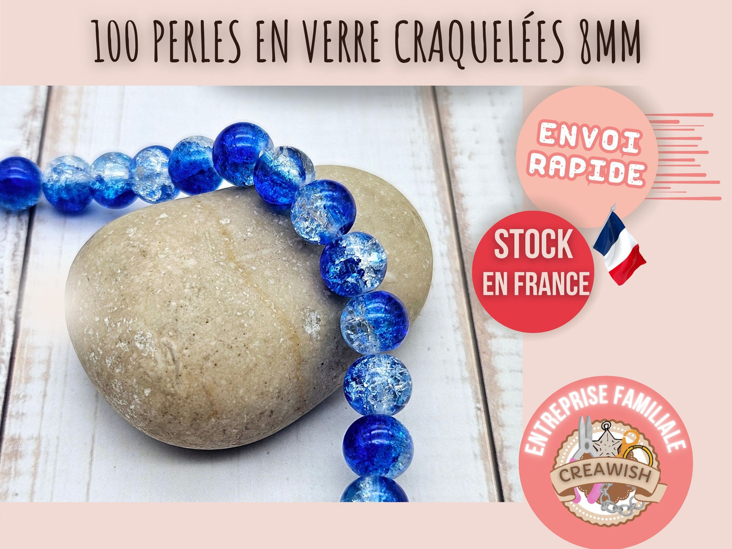 100 perles en verre craquelées bleues et transparentes 8mm