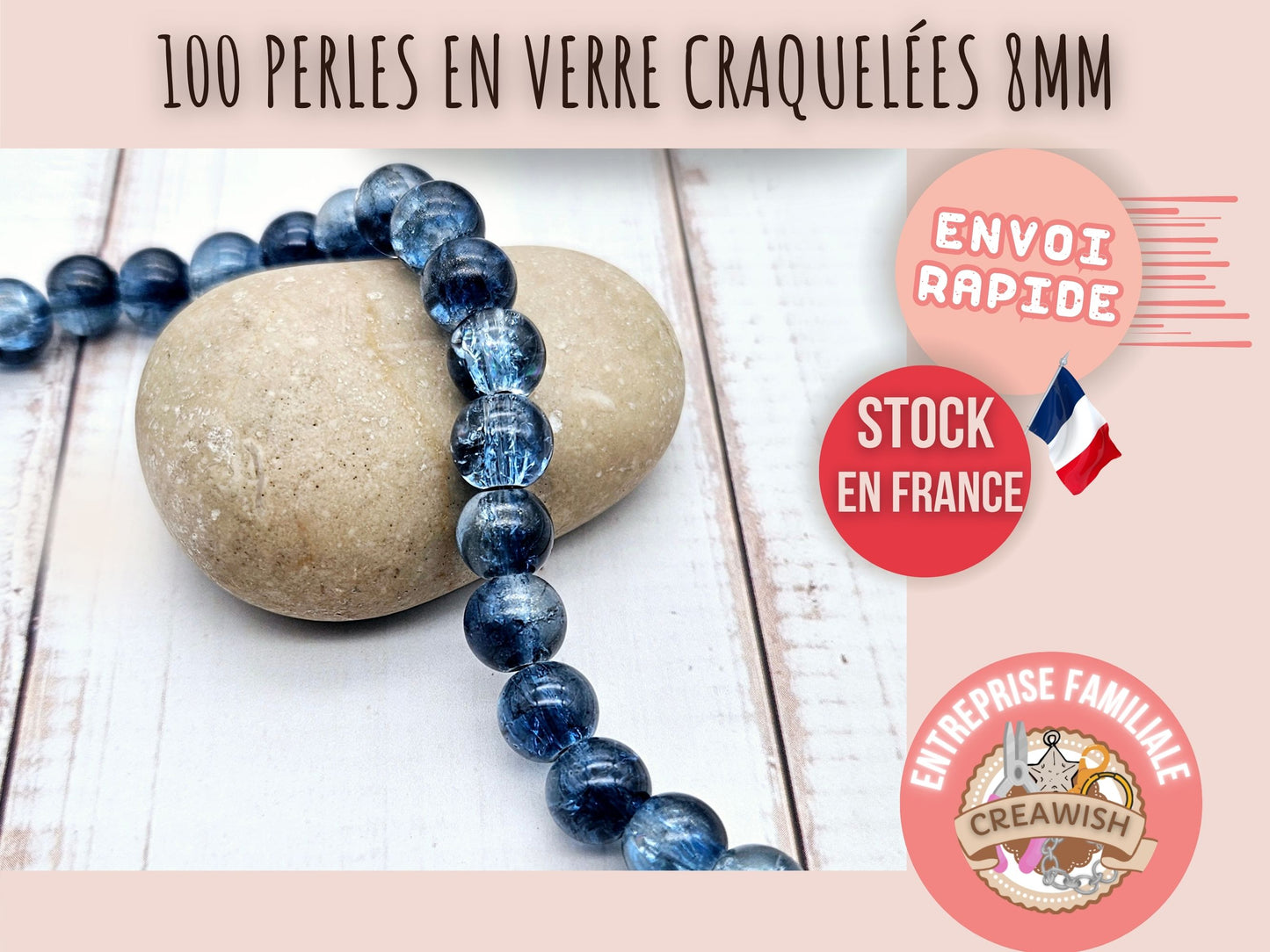 100 perles en verre craquelées bleu marine 8mm