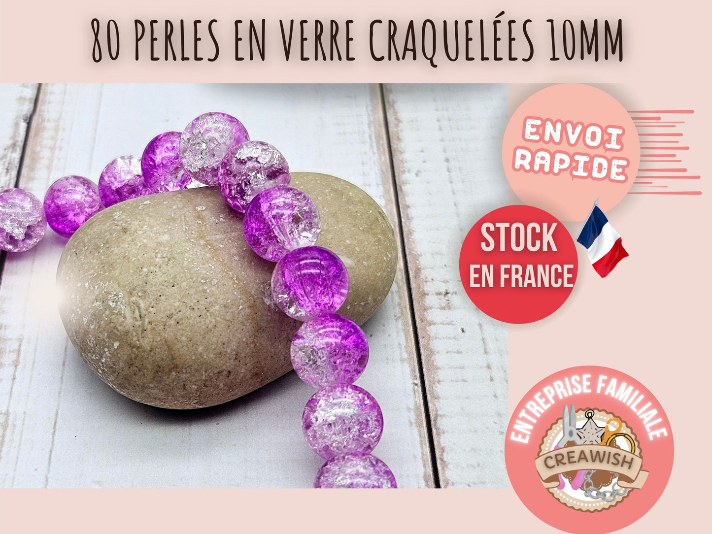 80 perles en verre craquelées violettes et transparentes 10mm