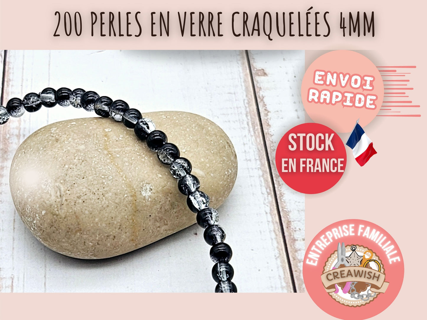 200 perles en verre craquelées noires et transparentes 4mm