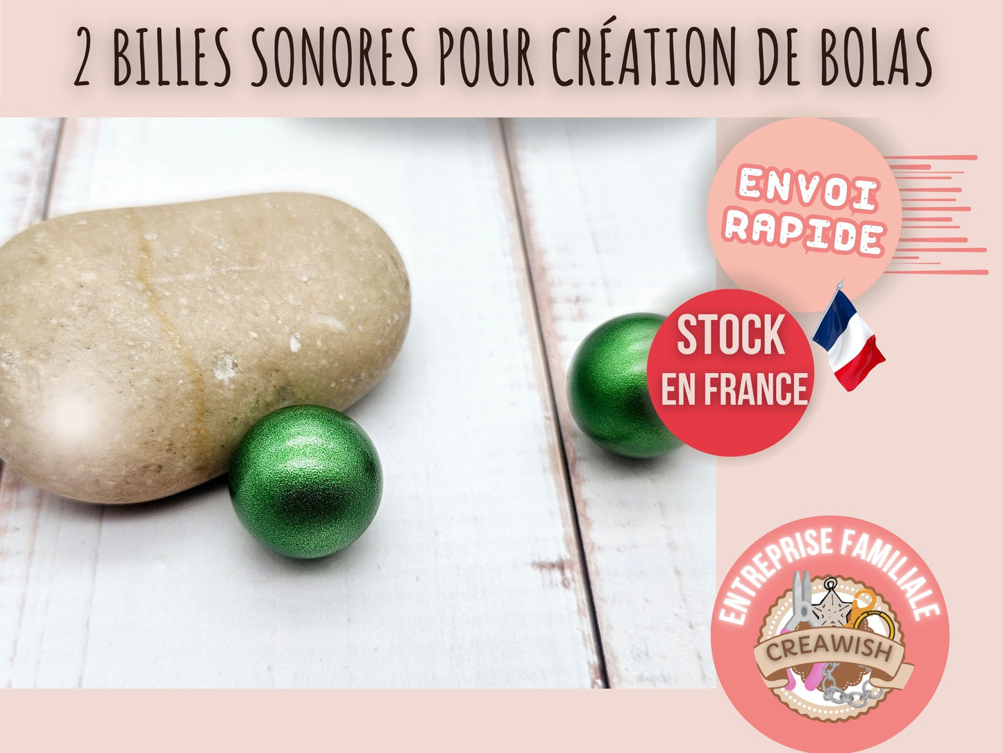 2 perles sonores 16mm couleur vert métallisé création bolas de grossesse