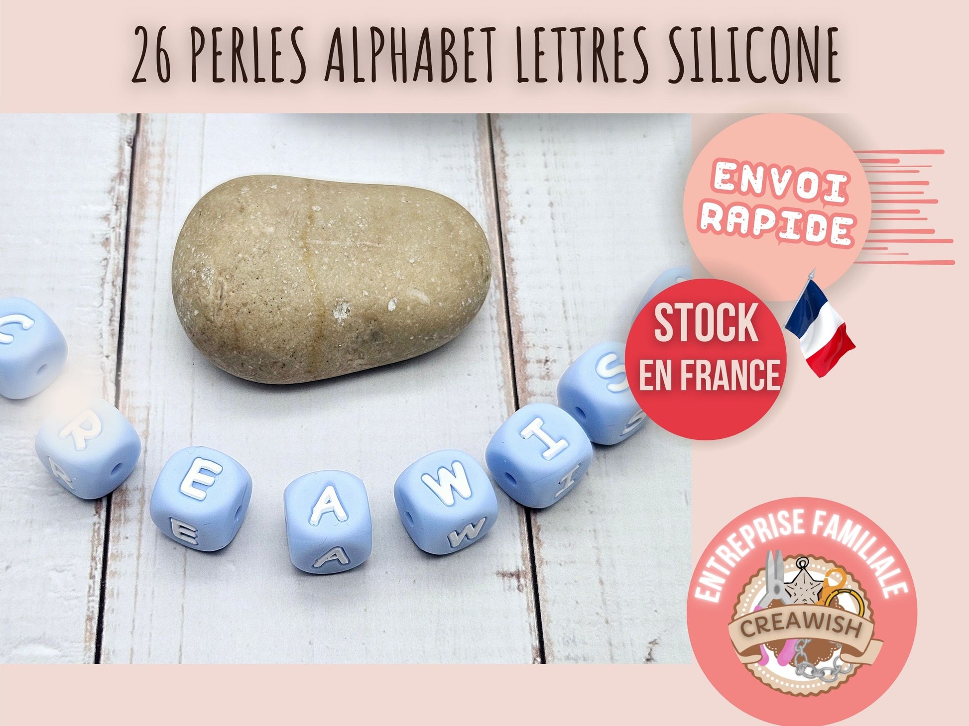 26 perles alphabet lettres silicone bleu pastel