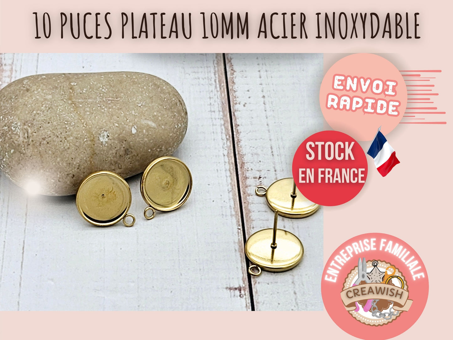 10 puces d’oreilles avec anneau d’accroche – Plateau 10 mm en acier inoxydable doré