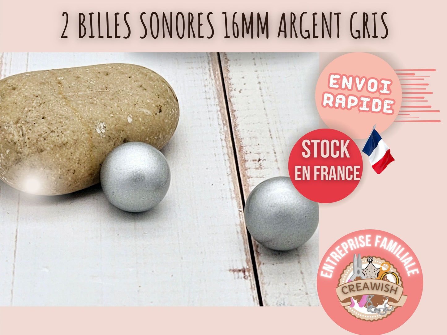 2 perles sonores 16mm couleur argent gris création bolas de grossesse