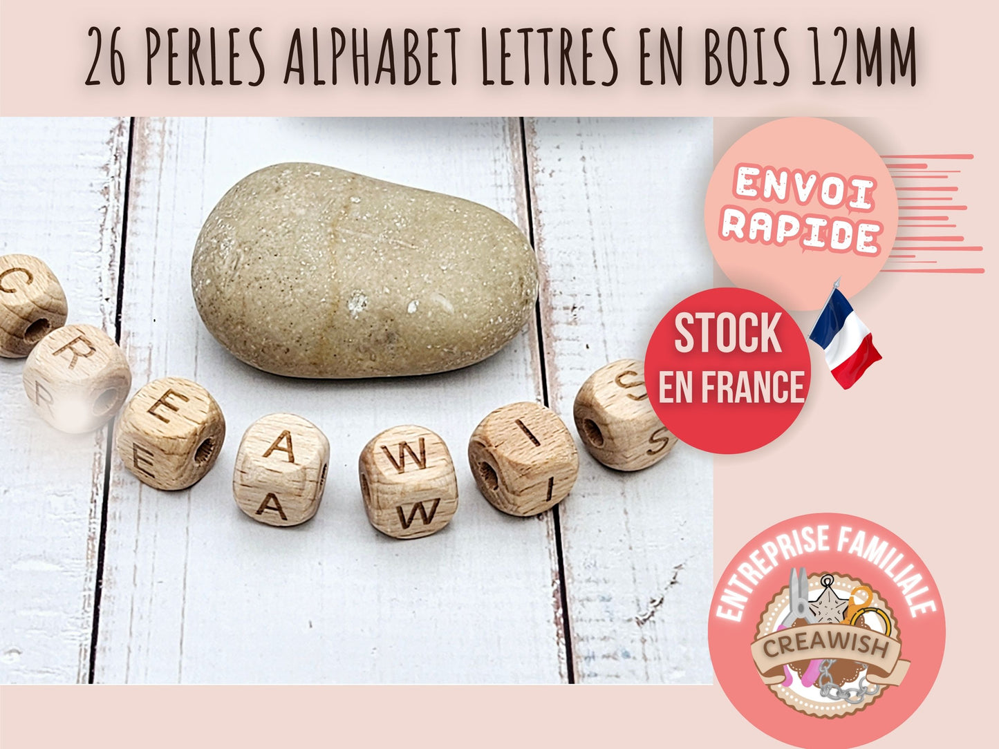 26 perles alphabet lettres bois 12mm