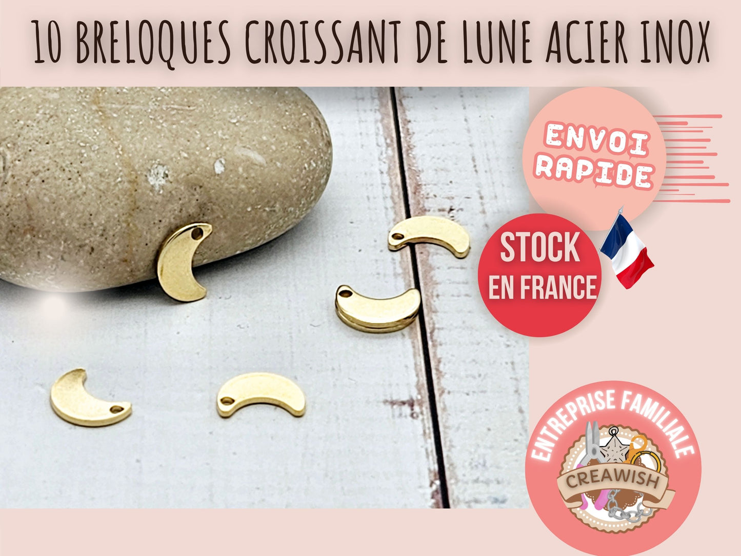 10 breloques croissant de lune acier inoxydable doré