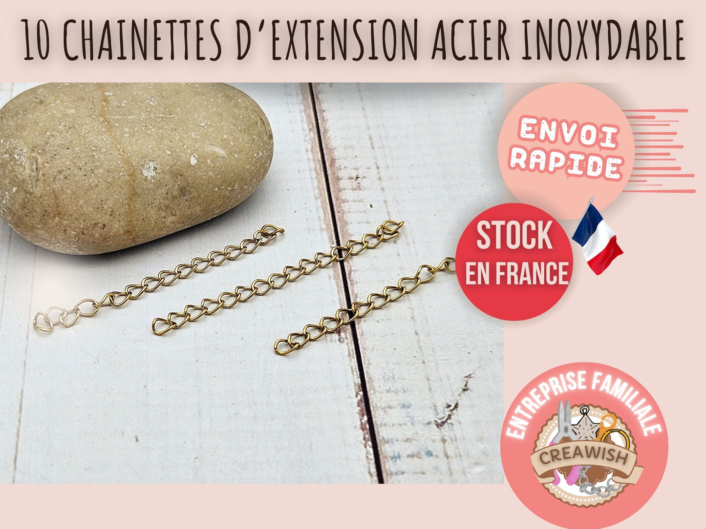 10 chaînettes d'extension maille courbée acier inoxydable doré