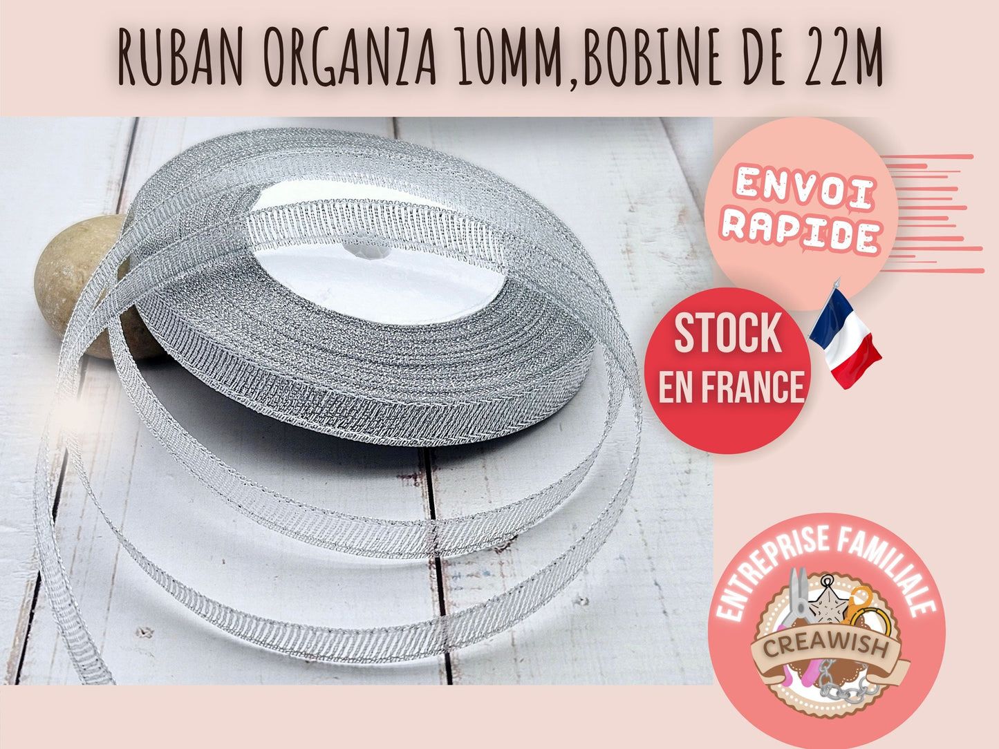 Ruban organza 10mm argent pailleté, 22 mètres