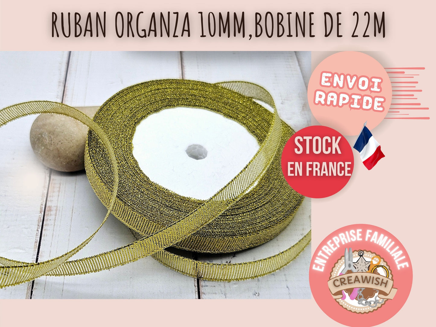 Ruban organza 10mm or pailleté, 22 mètres