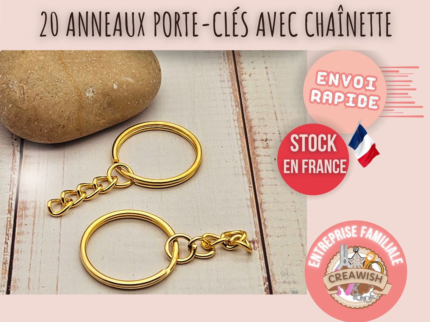 20 anneaux porte-clés avec chaînette – Coloris or