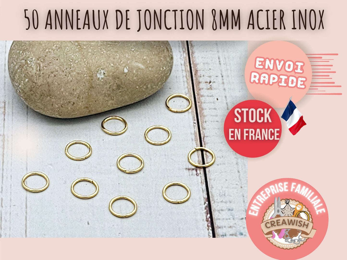 50 anneaux de jonction 8mm acier inoxydable or 18 carats