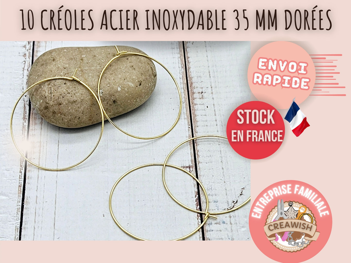 10 créoles rondes 35mm acier inoxydable dorées