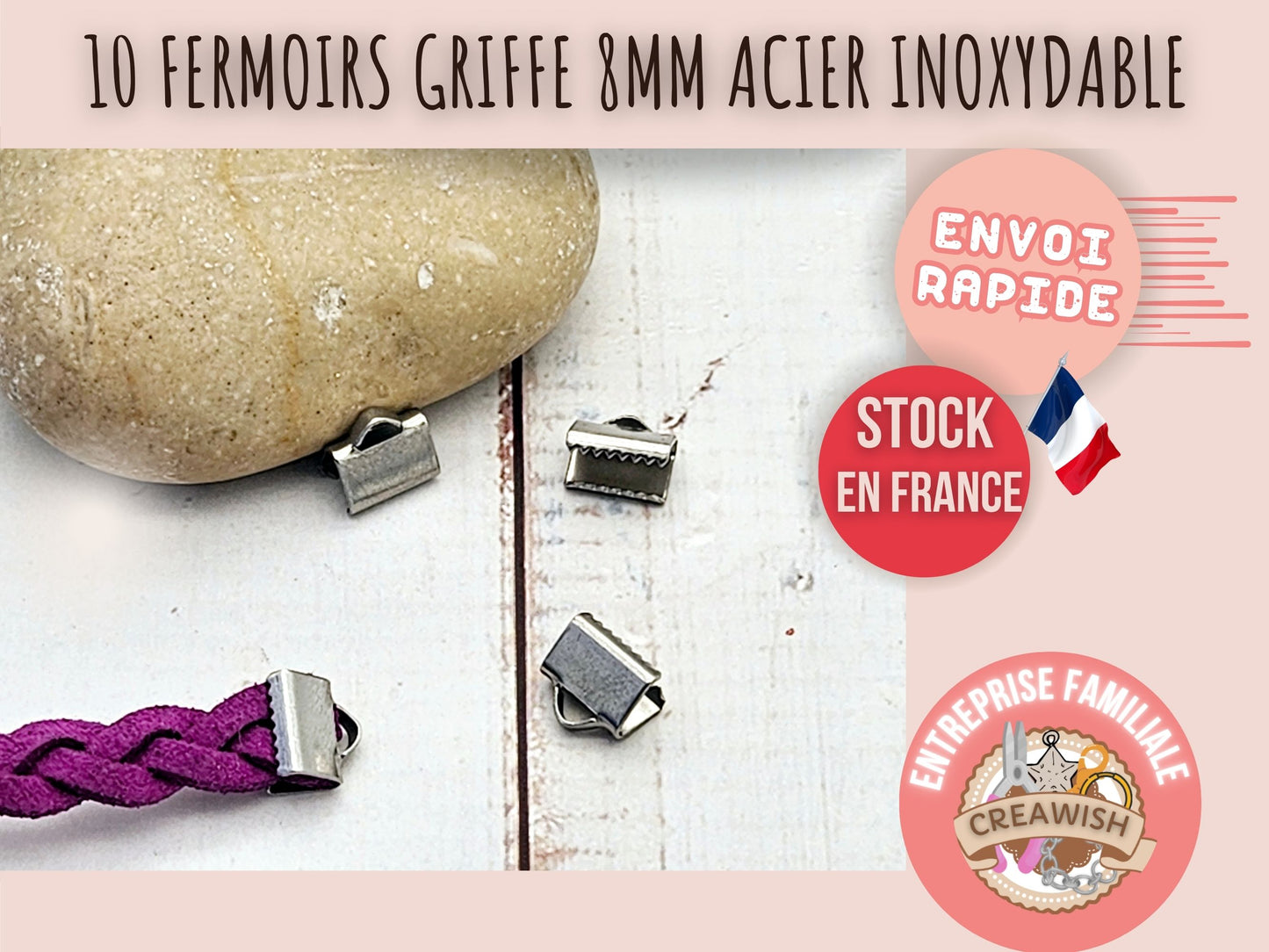 10 embouts fermoirs griffes 8mm acier inoxydable