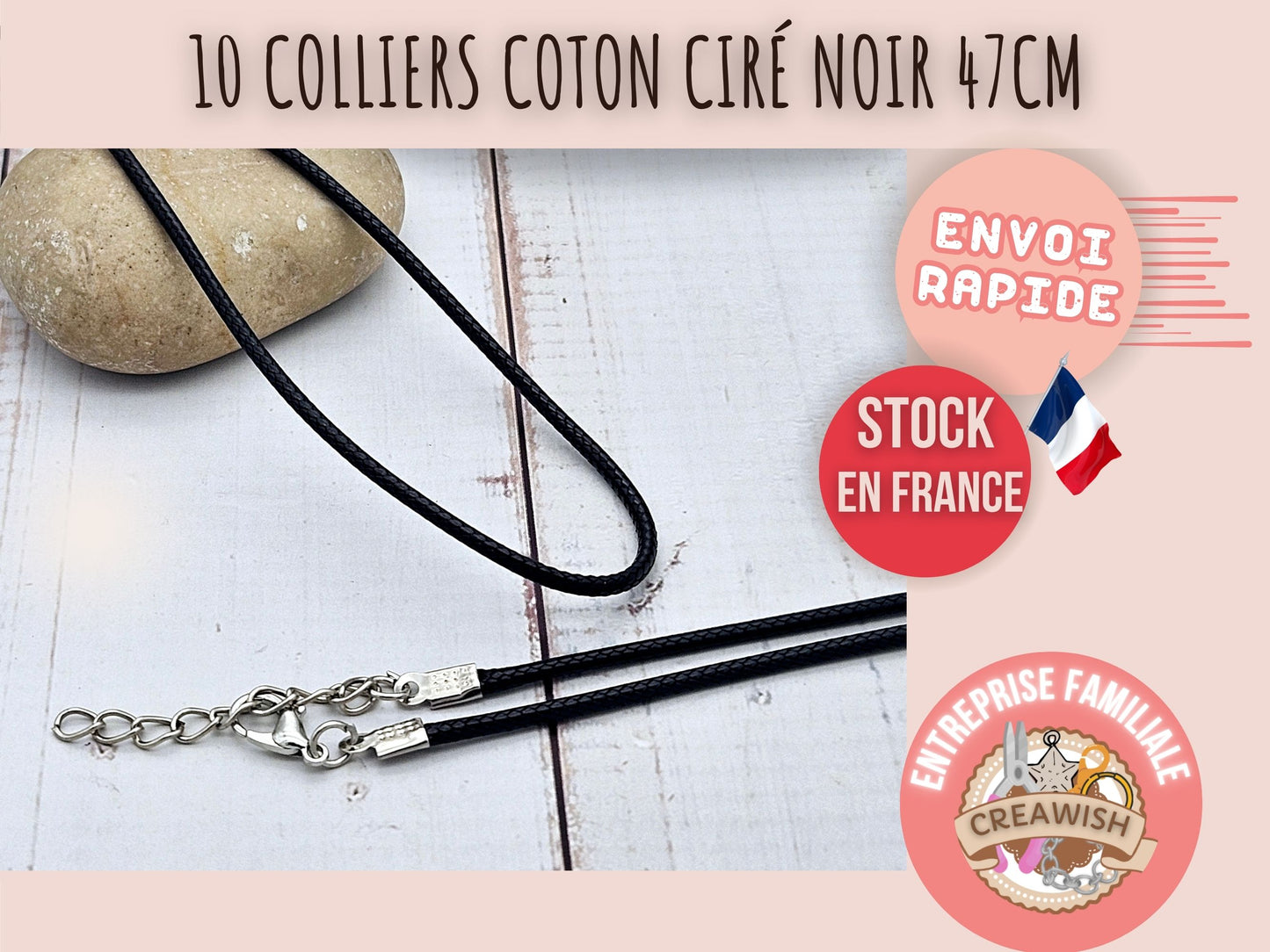 10 colliers coton ciré noir 47cm avec fermoir et chaînette