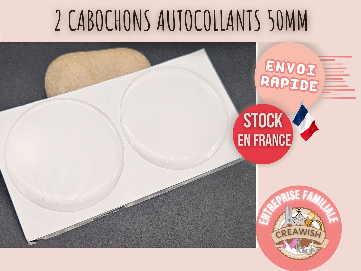 2 cabochons autocollants 50mm pour créations avec cabochons