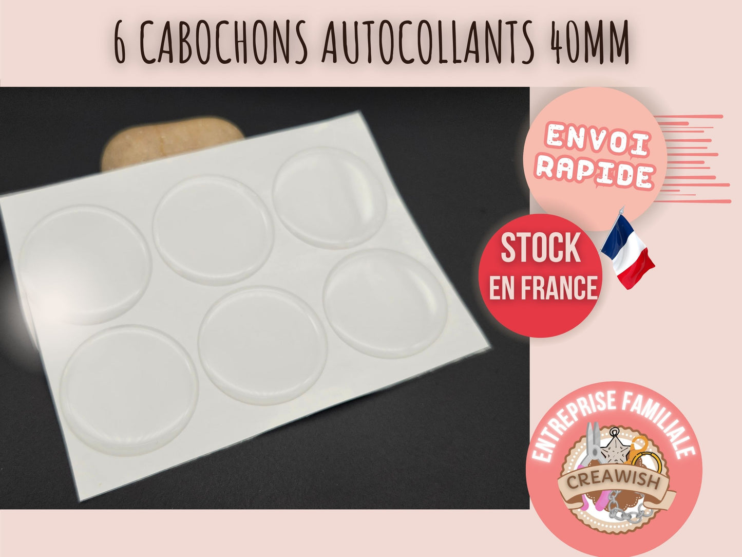 6 cabochons autocollants 40mm pour créations avec cabochons