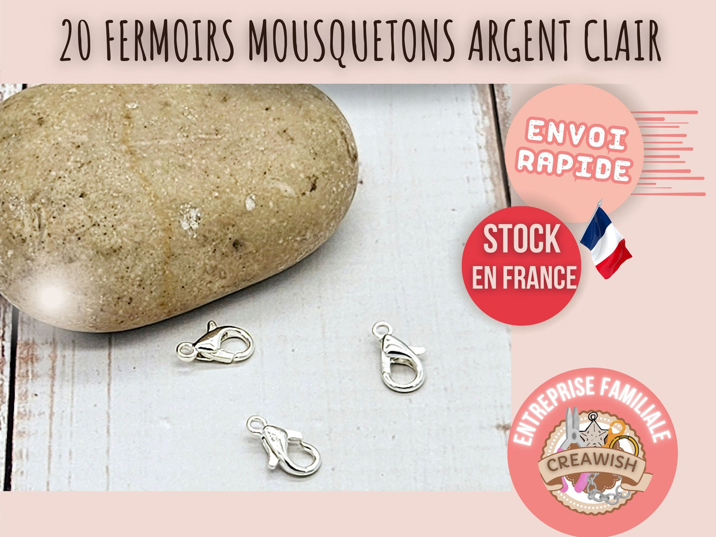 20 fermoirs mousquetons 10x5mm argent clair