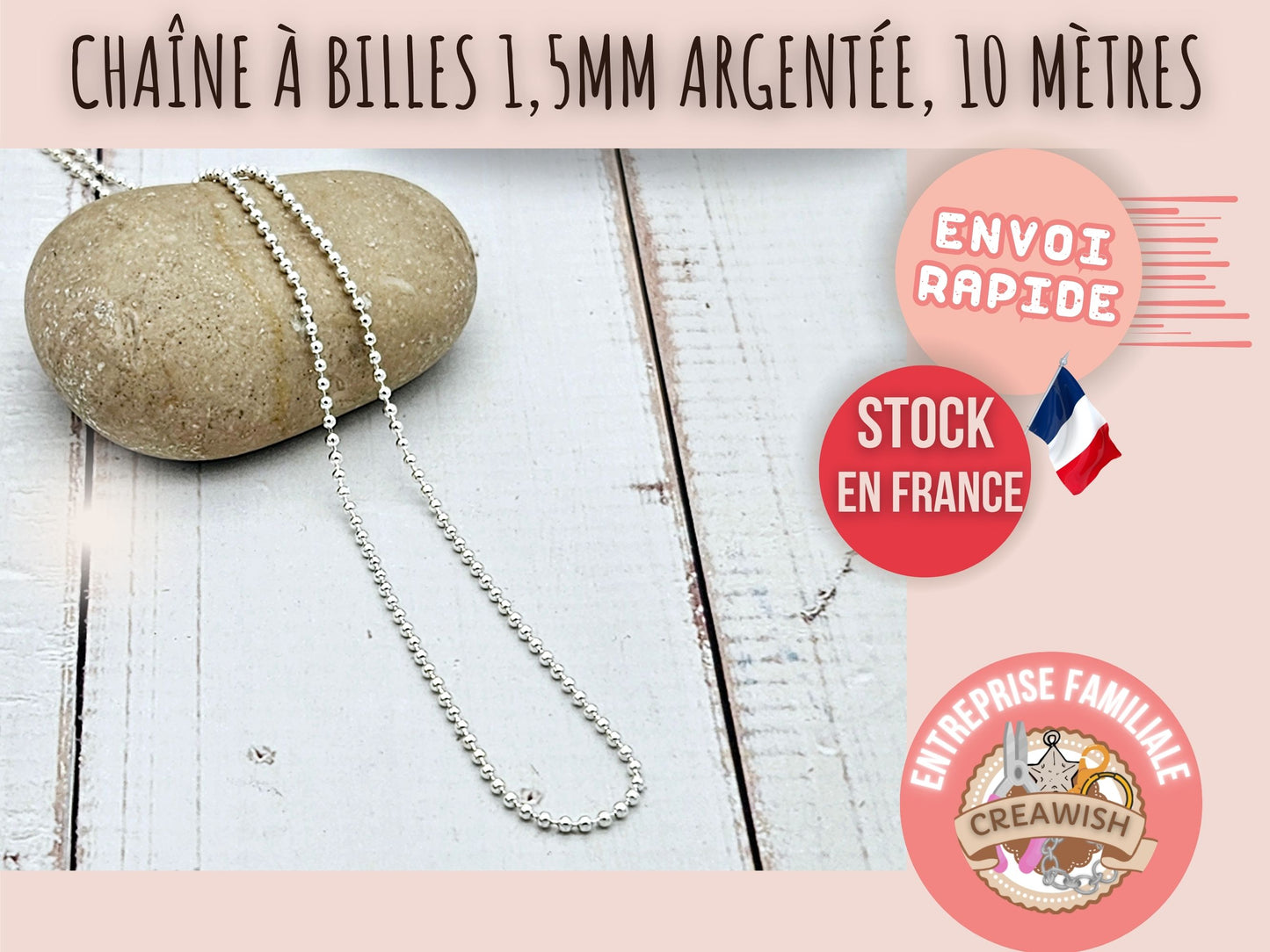 Chaîne à billes 1,5mm argentée, 10 mètres