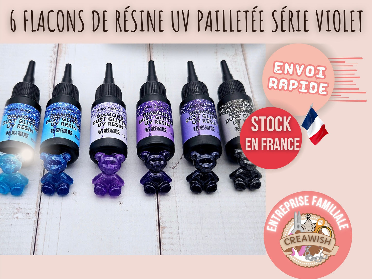 6 flacons de résine UV pailletée série violette
