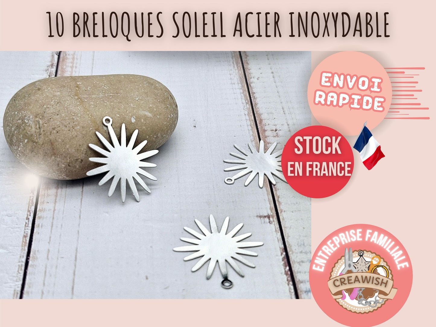10 breloques soleil acier inoxydable