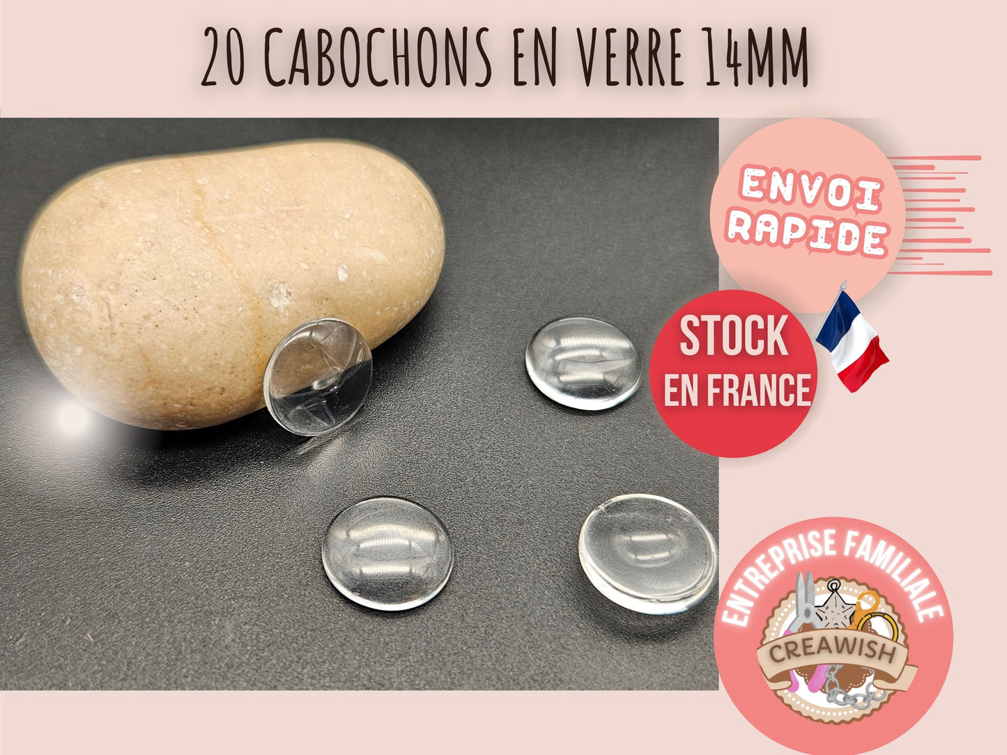 20 cabochons en verre 14mm
