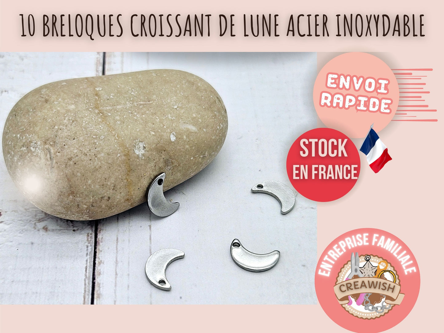 10 breloques croissant de lune acier inoxydable