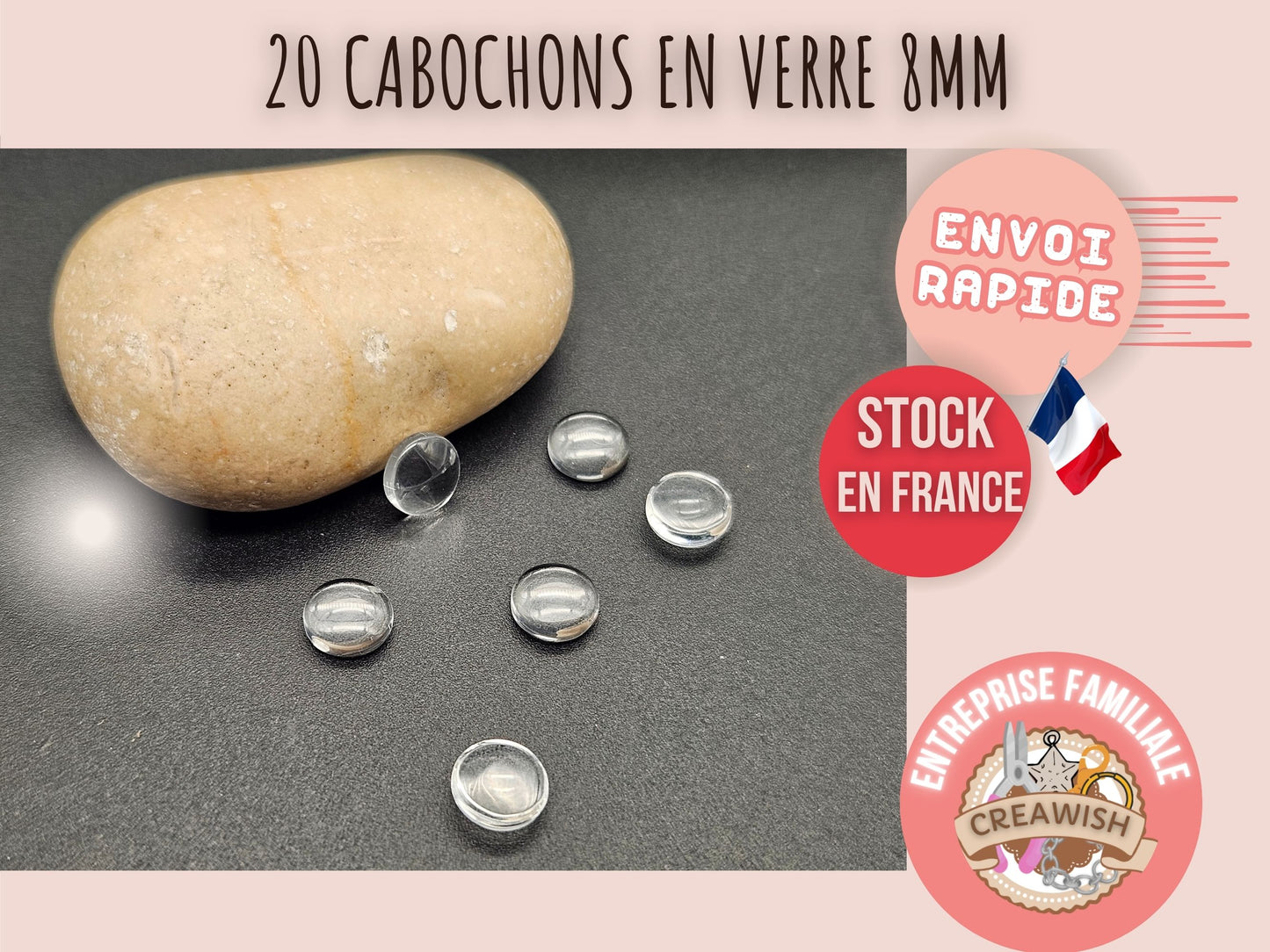 20 cabochons en verre 8mm