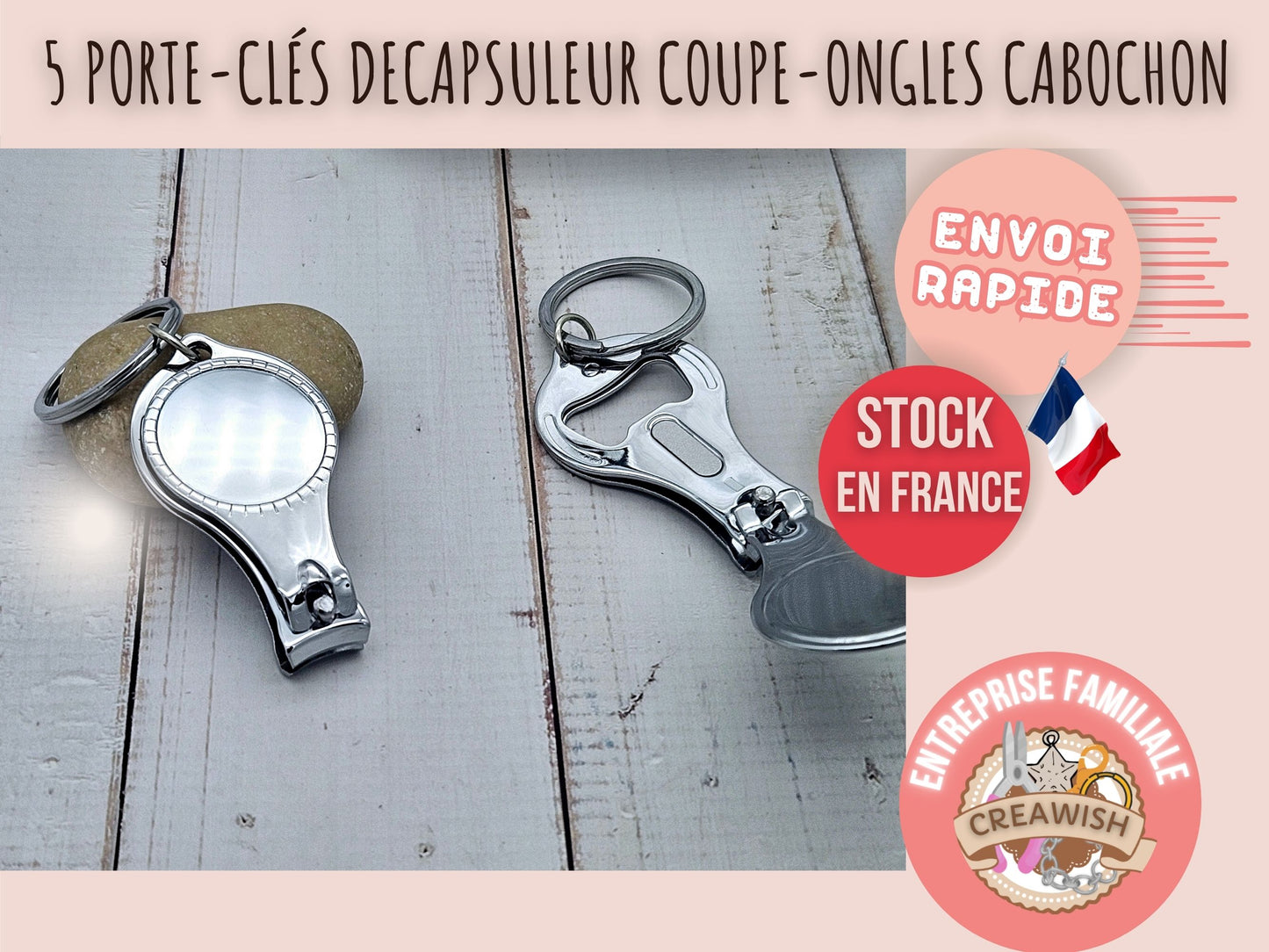5 porte-clés décapsuleurs coupe-ongles cabochon 25mm