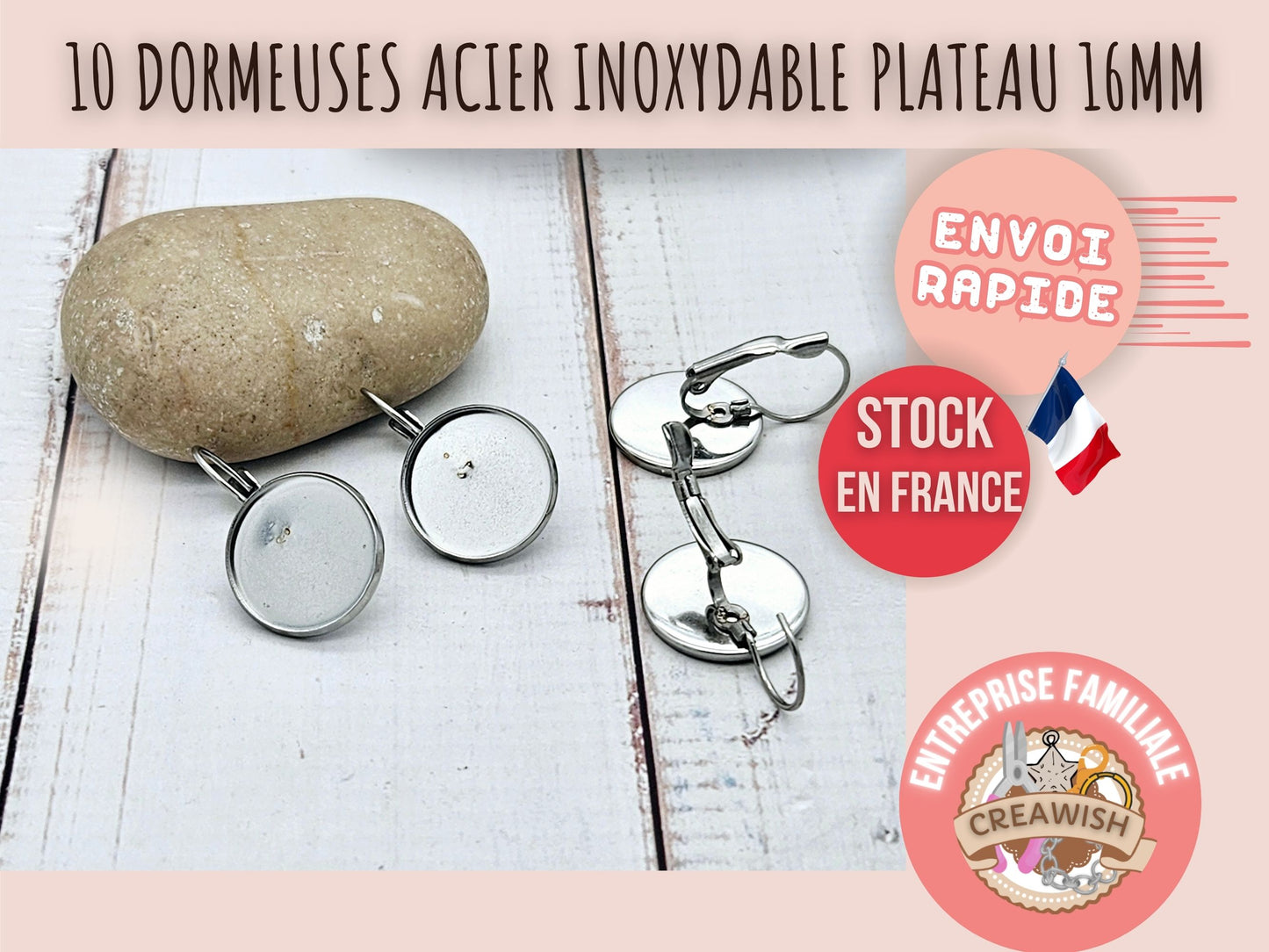 10 dormeuses acier inoxydable plateau cabochon 16mm