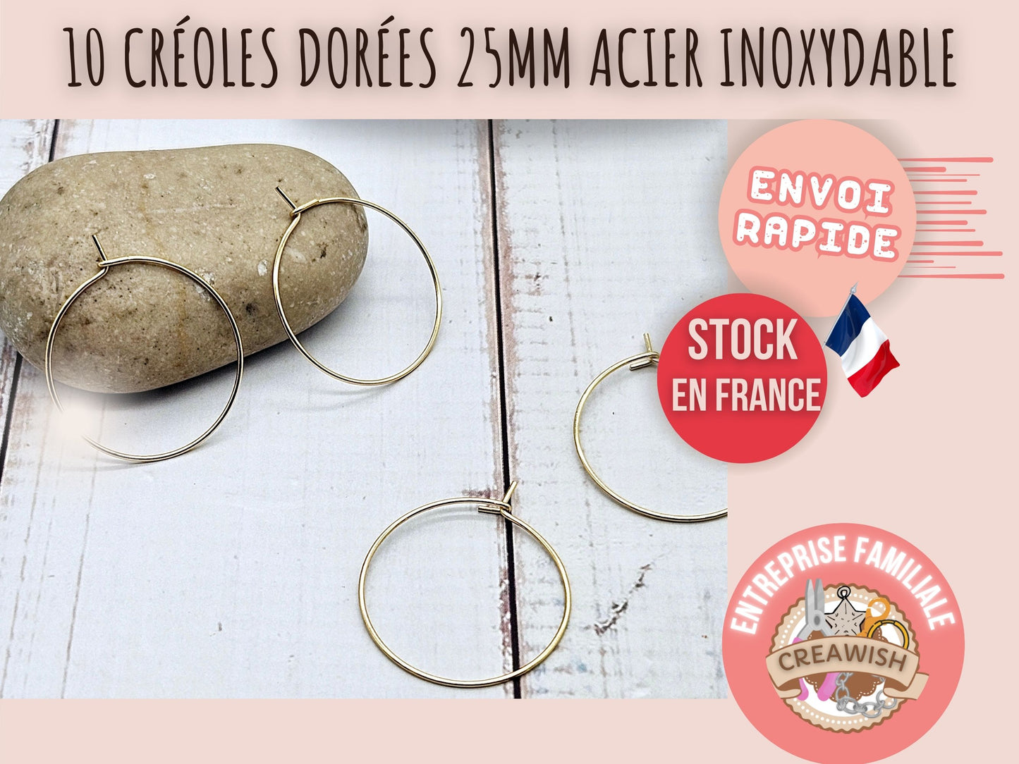 10 créoles rondes 25mm acier inoxydable dorées