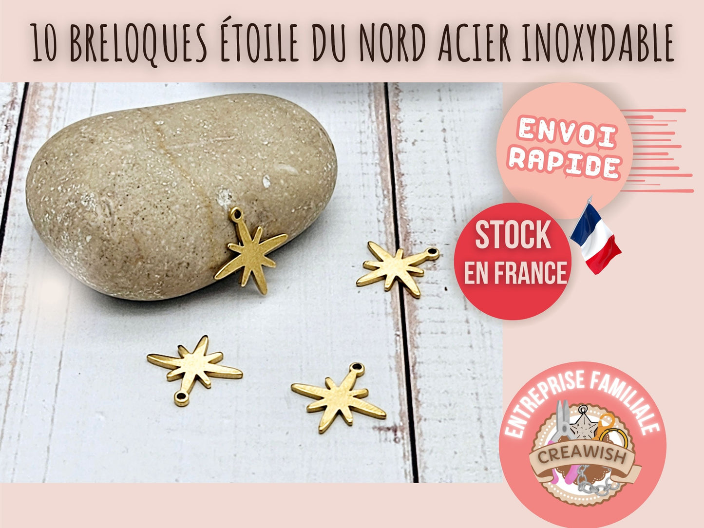 10 breloques étoile du nord acier inoxydable doré