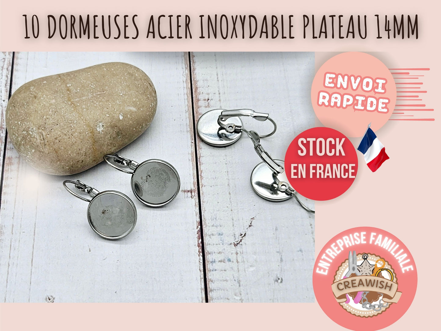 10 dormeuses acier inoxydable plateau cabochon 14mm