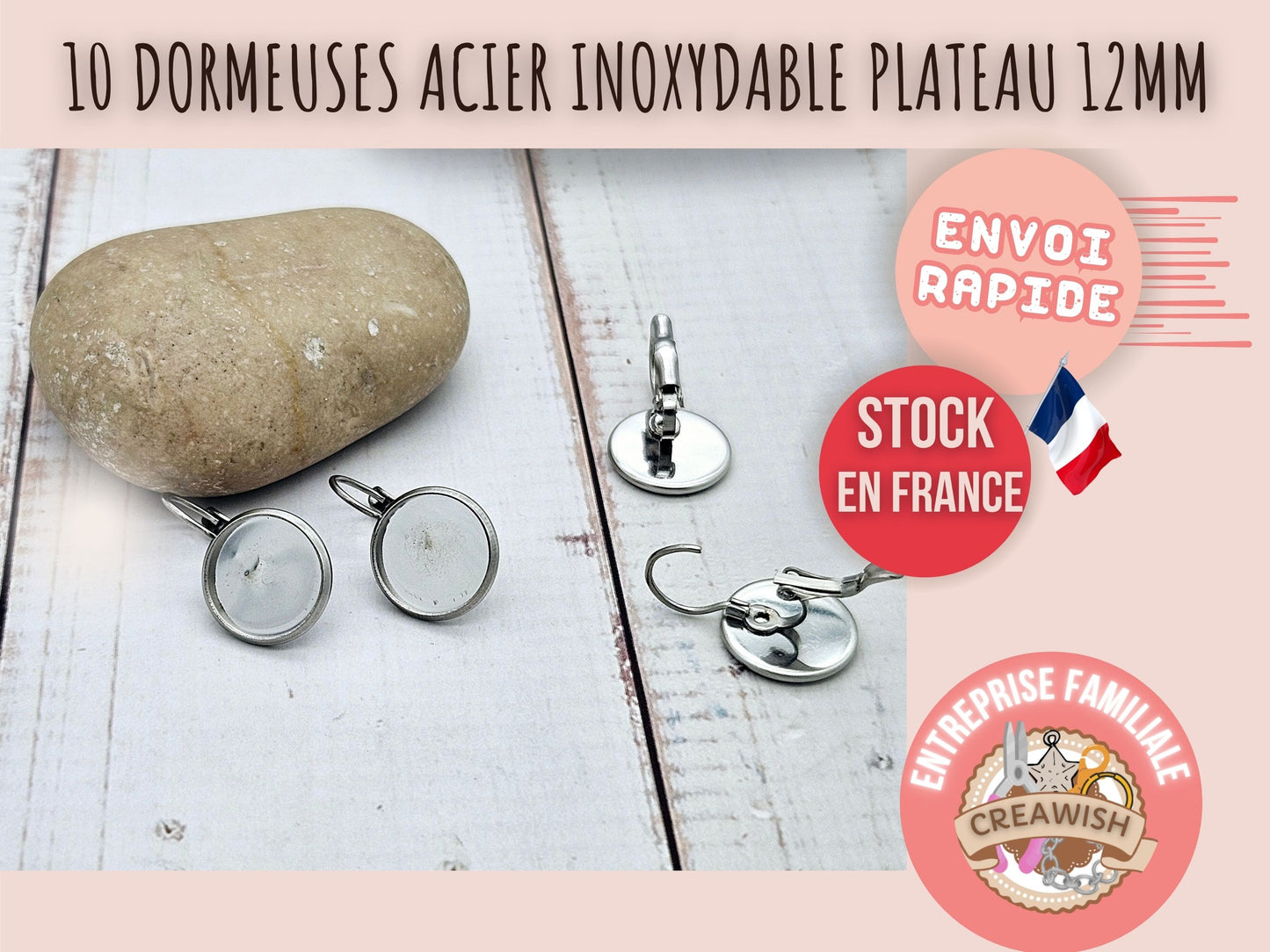 10 dormeuses acier inoxydable plateau cabochon 12mm